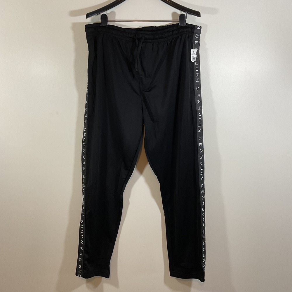 Sean John Men XL Black Logo Tape Track Pants Streetwear Joggers Slim Y2K Retro